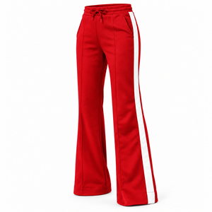 <b>Women</b> Red Fleece Drawstring Flare Pants Breathable <b>Winter</b> Sporty Side Stripe Track <b>Trousers</b> - Product Image 1