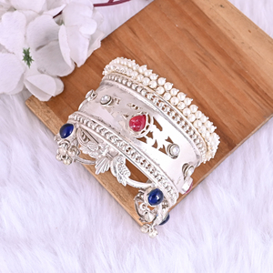 Women's Pink Hydro & Blue Hydro & Kundan Pearl Ethnic Cuff <b>Bracelet</b> | Silver Plated Brass Jewelry - Product Image 4
