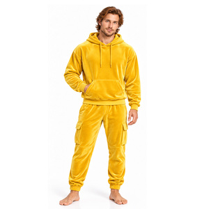 Mens <b>Velvet</b> Fabric Tracksuit Pullover Hoodie Cargo <b>Jogger</b> Pants Flap Pockets Soft Casual Two Piece Lounge Wear Set Premium Daily - Product Image 1