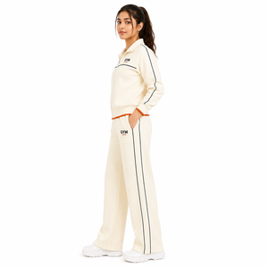 <b>Women</b> for <b>White</b> Hooded Fleece <b>Tracksuit</b> Set Custom Logo Full Zip Sports Jacket Wide Leg Pants 2 Piece Polyester/Cotton - Product Image 4
