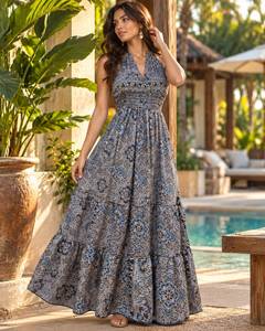 Blue Paisley Print Woven Halter Maxi Dress Women Chiffon Tiered Skirt <b>Swimdress</b> Poolside Beach Wear 1 Piece - Product Image 4