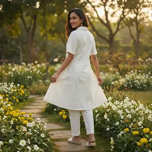 Ensemble Kurta brodé blanc pour femmes, imprimé floral, haut à manches courtes, pantalon assorti, tenue d'été décontractée et élégante, ethnique - Product Image 3