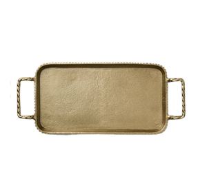 Plateau de service rectangulaire en laiton antique avec pieds et poignées torsadées, plateau décoratif en métal martelé, élégant accent de décoration pour la maison - Product Image 1