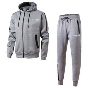 Survêtement gris à capuche pour homme, fermeture éclair intégrale, coupe décontractée, polyester et coton, pour l'automne, avec poches latérales - Product Image 1