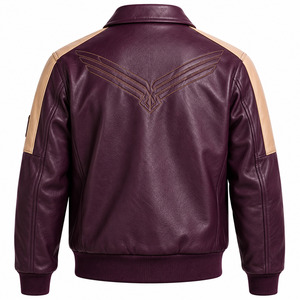 Blouson aviateur en cuir véritable pour homme, en peau de mouton, brodé violet, coupe décontractée, logo personnalisé, vente en gros, veste d'hiver - Product Image 2