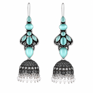 Wholesale Aqua Blue Stone <b>Oxidized</b> Silver Jhumka Earrings for Women | Traditional Indian Ethnic Dangle Earrings - Product Image 1