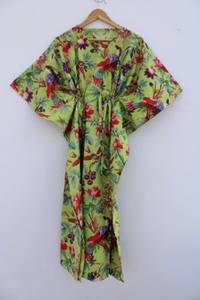 Robes kaftan en coton pour femmes, 100% coton, imprimé oiseaux, coupe ample, col en V, imprimé numérique, vêtements de détente d'été, robe de nuit - Product Image 4