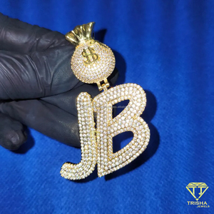 จี้รูปถุงเงินแบบกำหนดเอง "JB" ประดับเพชรโมอิสซาไนต์ สไตล์ฮิปฮอป สร้อยคอเงินแท้ 925 - Product Image 1