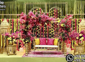 Colorful Mehndi Stage <b>Backdrop</b> with Mirror <b>Frames</b> and Swing Mehndi Function Stage <b>Backdrop</b> Grand Bollywood Theme Sangeet Decor - Product Image 2