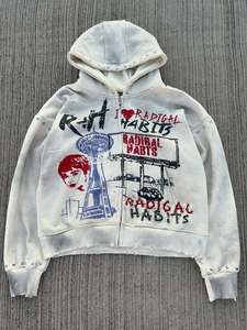 Customized Logo <b>Men's</b> Winter Lined Rhinestone Letters <b>Hoodie</b> Pocket Long <b>Sleeve</b> French Terry Distressed Cotton Fleece Hoodies - Product Image 5