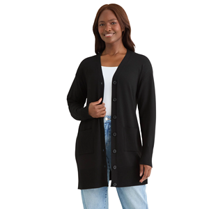 Cardigan long pour femme, col en V, noir uni, manches longues, tricoté, boutonné sur le devant, pull décontracté, idéal pour l'hiver, coupe longue - Product Image 2