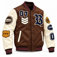 Veste universitaire marron et blanche pour homme, col montant, broderies chenille, patchs lettres, boutons-pression, manteau vintage d'automne
