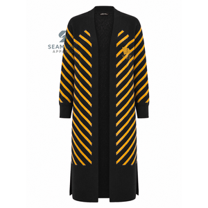 NCBW Sorority Women's Longline Open Front Cardigan Black Gold Striped Ribbed Cuffs Embroidered Duster Sweater With Side Slits - Product Image 1