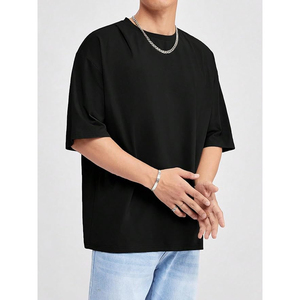 Camiseta Negra Lisa de Cuello Redondo para Hombre, Estilo Casual, Holgada, Manga Corta, Ropa Urbana, Básica, Moderna, para Uso Diario - Product Image 4