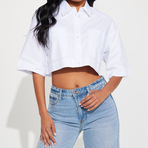 Chemise courte blanche de haute qualité pour femmes, boutonnée, à manches courtes, en popeline unie, décontractée, coupe classique, chemises printemps-été - Product Image 1