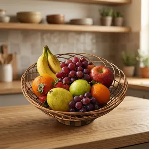 Geometric Wire Fruit Bowl with Wooden Base Copper Finish Modern Decorative Metal <b>Basket</b> Premium Table Centerpiece for Kitchen - Product Image 6