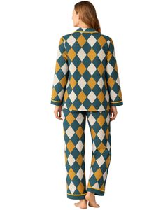 Ensemble de pyjama pour femmes personnalisé vert jaune argyle, manches longues, boutonné, vêtements de nuit en coton doux, ensemble de détente deux pièces - Product Image 2