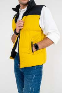Men's <b>Yellow</b> Black Color Blocked <b>Puffer</b> Vest Stand Collar Zipper Closure Casual Autumn Outerwear Windproof Sleeveless <b>Jacket</b> - Product Image 3