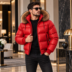 Veste matelassée de luxe décontractée pour homme, hiver, capuche en fourrure |   Veste brillante |   Doudoune Brillante |   vestes en cuir |   Piumino Lucido Uomo - Product Image 3