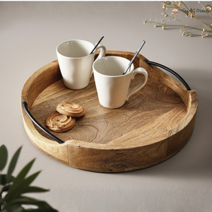 Plateau décoratif en bois fait main de haute qualité, ovale, avec poignées robustes en métal, pour la cuisine, la salle à manger ou la table. - Product Image 4