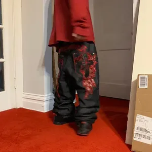 Wholesale Custom Mens Regular Wide Leg Solid Hip Hop <b>Y2K</b> Gothic Wing Cross Embroidered Black Denim Streetwear Trousers - Product Image 4