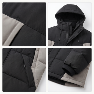 Veste matelassée à capuche pour homme, coupe-vent, épaisse, en polyester, avec blocs de couleur, fermeture éclair, coupe droite, pour l'hiver - Product Image 4
