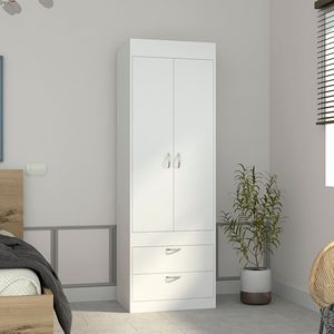 DEPOT E SHOP Armadio a Doppia Anta Portogallo Bianco con Maniglie in Metallo, Asta Appendiabiti e Due Cassetti - Design Elegante - Product Image 1
