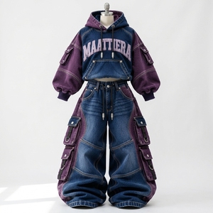 <b>Womens</b> Blue Purple Denim Cargo Tracksuit Oversized Hoodie <b>Baggy</b> Wide Leg <b>Jeans</b> Streetwear Custom OEM Wholesale Manufacturer - Product Image 4