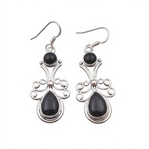 Natural <b>Black</b> Onyx 925 Sterling Silver Vintage Filigree Dangle Earrings Handmade Boho Teardrop Gemstone Jewelry for Women - Product Image 1