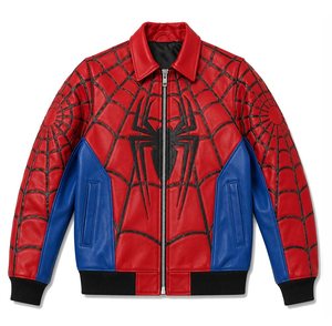 Chaqueta bomber de cuero PU con temática de Spider-Man para hombre, en rojo y azul con cierre de cremallera y cuello vuelto. - Product Image 5