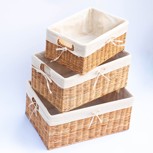 Set of 3 Rectangular Rustic Woven Wicker <b>Baskets</b> with Canvas Lining Eco-Friendly Versatile Minimalist Style Storage Trays - Product Image 4