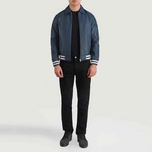 Men's Blue PU Leather Bomber <b>Jacket</b> Collar <b>Zipper</b> Closure Casual Autumn Wear - Product Image 3
