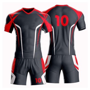 Conjunto de Camiseta de Fútbol Sublimada para Hombre, Negro y Rojo, 100% Poliéster, Cuello en V, Manga Corta, Cintura Elástica, Regular, Absorbe la Humedad - Product Image 1