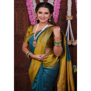 ผ้าไหมเนื้อนุ่มสีฟ้าทะเลลายทอเอลีทวีฟส์ พร้อมขอบลายดอกไม้ปักดิ้นทองสำหรับงานแต่งงาน - Product Image 3