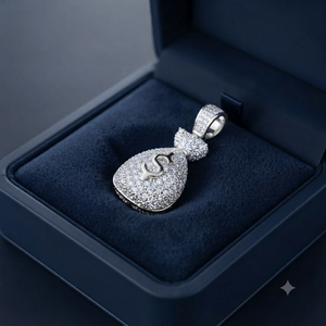 Collar de Plata de Ley 925 con Diamante Cultivado en Laboratorio, Diseño de Bolsa de Dinero y Símbolo del Dólar, Colgante Personalizado de la Fortuna - Product Image 6