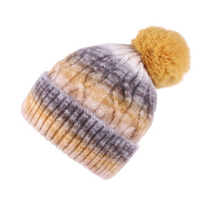 Gorro de punto de invierno con pompones de piel y efecto tie-dye para mujer y niña, gorro grueso de punto para mujer - Product Image 4