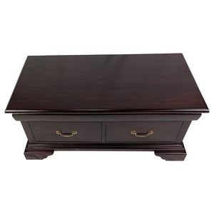 Antique style solid mahogany wood coffee table features two <b>drawers</b> with brass pull handles and distinctive <b>bracket</b> feet - Product Image 3