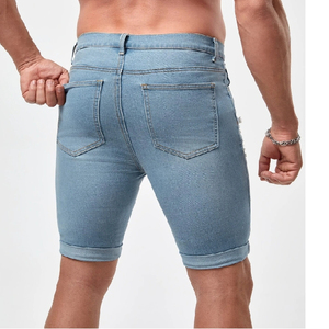 Shorts en jean décontractés extensibles pour hommes, nouvelle mode estivale, bleu/noir uni, écologiques, service OEM, taille haute avec cordon de serrage - Product Image 4