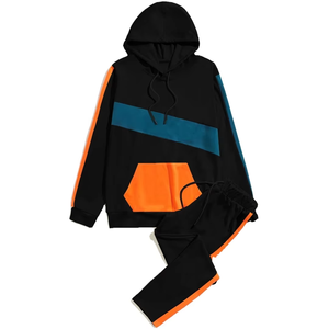 Chándal Unisex con Bloques de Color, con Capucha, Manga Larga, Estilo Deportivo, Corte Holgado, Negro, Naranja, Azul, Poliéster, Ropa de Otoño - Product Image 3