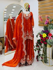 <b>Women</b> Orange Silk Embroidered Anarkali <b>Suit</b> Set With Dupatta Traditional Indian Pakistani <b>Wedding</b> <b>Dress</b> - Product Image 1