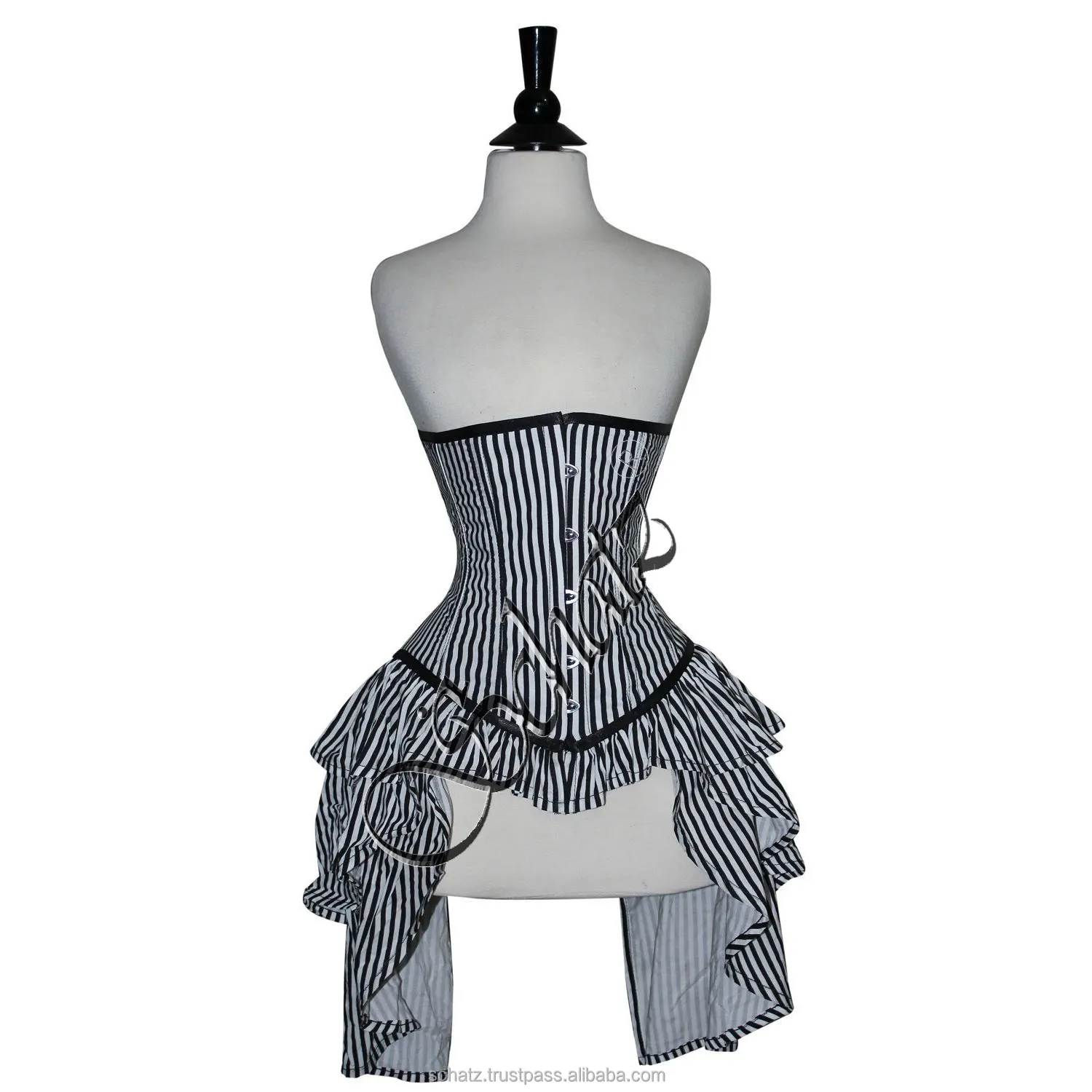 Hochwertiges neues Satin schwarz und weiß Steampunk sexy Kleid Korsett in XS bis 7XL Überbauch langer Torso Körperformer
