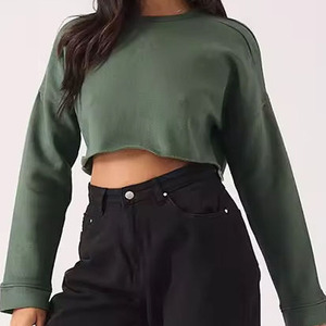 Women's Cropped Crew Neck Sweatshirt Solid Color Long Sleeve Casual <b>Top</b> Knitted Loose Fit All Seasons - Product Image 2