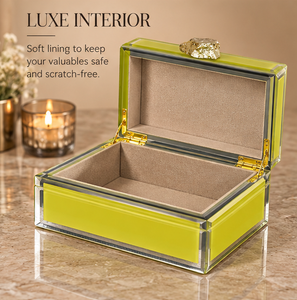 Lime Green Glass Jewelry Storage Box with Natural Stone Accent <b>Gold</b> Edging Glossy Finish Soft Lining Decorative Keepsake - Product Image 5