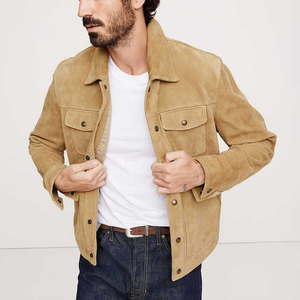 <b>Men's</b> Tan <b>Suede</b> Shirt <b>Jacket</b> Workwear Style Turn-down Collar Button Closure Regular Fit Autumn Wear Solid Color - Product Image 4
