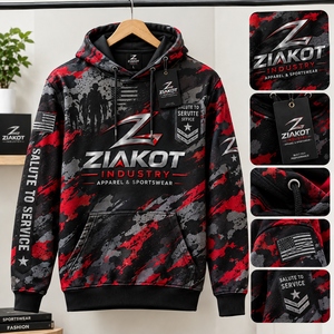 Sudadera con Capucha Deportiva 3D de Camuflaje Rojo, Negro y Gris, Cosida a Medida por Ziakot Industry, Venta al Por Mayor Directa, Homenaje al Servicio - Product Image 1