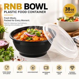 Tazón redondo de plástico negro con tapa transparente de 48 oz, contenedor de PP apto para microondas para entrega de comida y comida para llevar. - Product Image 2