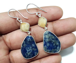 Yellow Sapphire Blue Jade Bohemian Style Solid 925 Sterling <b>Silver</b> Handmade Natural Gemstone <b>Dangle</b> Drop <b>Earrings</b> Certified - Product Image 6