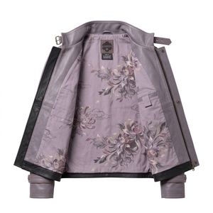 Men Japan Style <b>Real</b> <b>Leather</b> <b>Jacket</b> With Hand Embroidered Floral Pattern Stand Collar Zipper Front - Product Image 5