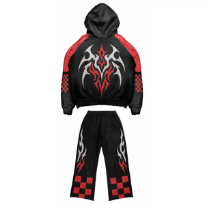 Survêtement personnalisé surdimensionné en coton épais imprimé avec motif graphique, tissu doux et respirant, sweat à capuche et pantalon évasé unisexe - Product Image 3