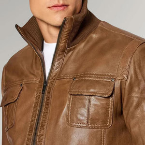 OEM/ODM Service <b>Men's</b> Brown Genuine <b>Leather</b> Bomber <b>Jacket</b> Stand Collar Zipper Closure Casual Wear <b>Leather</b> <b>Jacket</b> For Sale - Product Image 4